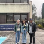 Paola Goatin, Yessennia Martínez y Luis Miguel Villada en el frontis del INRIA Sophia Antipolis - Méditerranée
